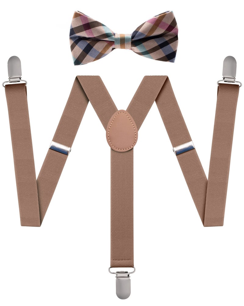 Man of Men Bowtie & Suspender Set - Beige Checkered Bowtie & Beige Suspenders - Boys Suspenders and Bow Tie Set - Image 1